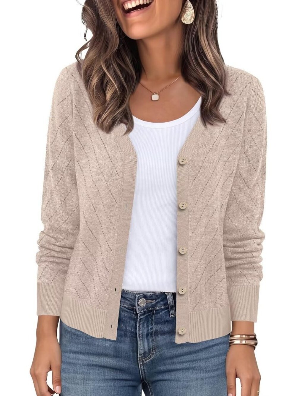 Women's Apricot Cardigan V Neck Button Down Long Sleeve Diagonal Knit Sweaters